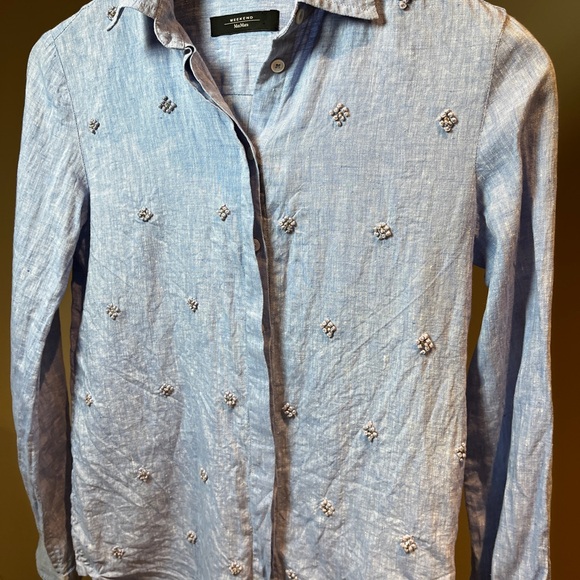 Weekend Max Mara Light Blue Embroidered Linen Button-Down Shirt - Picture 3 of 8